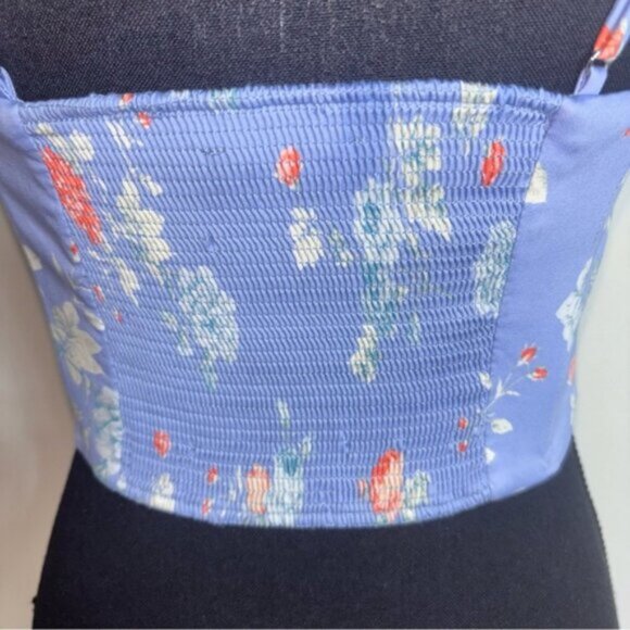 Zara Top Medium Blue Floral Ruched Back Crop Bustier Spaghetti Hook Eye Closure - Picture 11 of 13